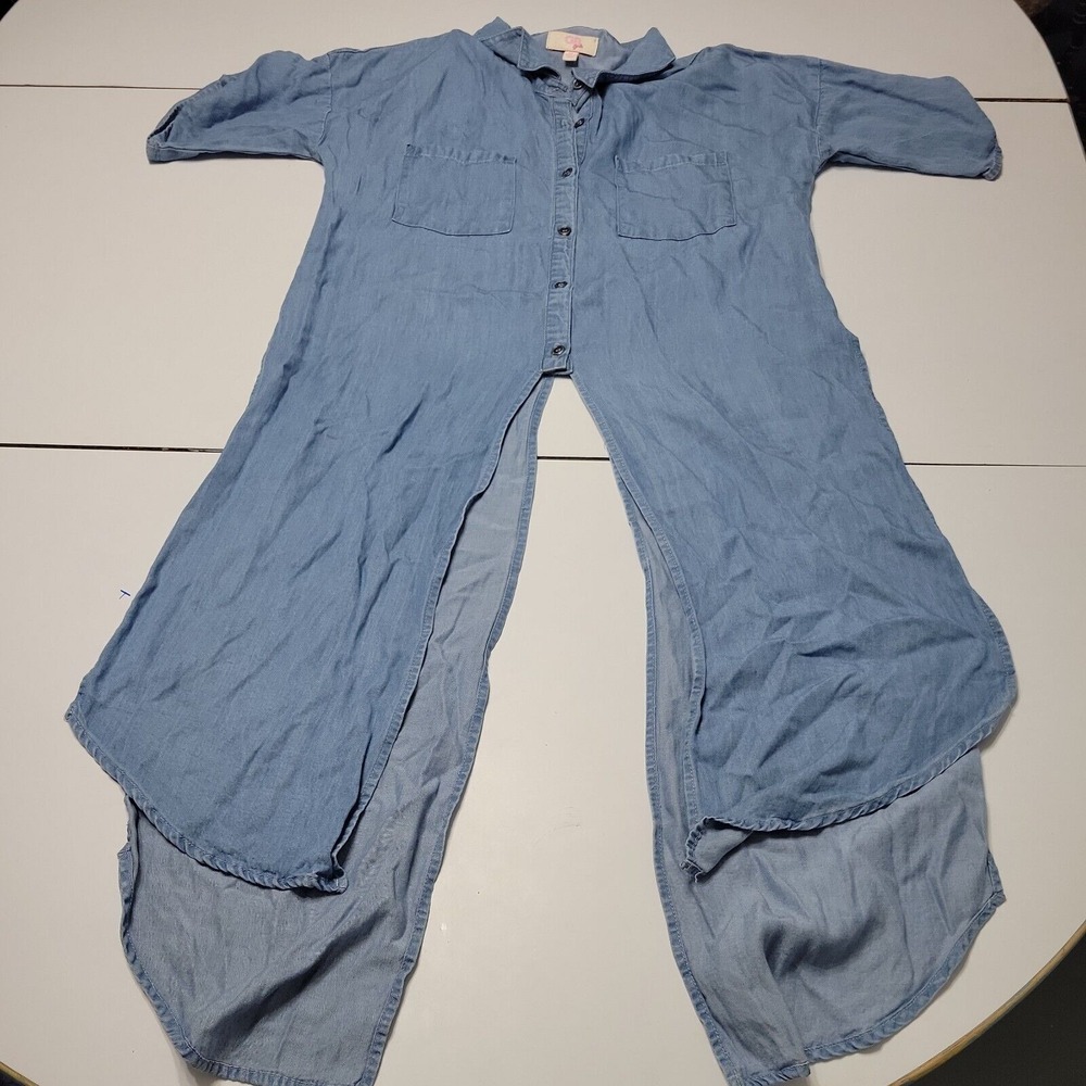 GB Girls XL Blue Button Front Shirt Chambrey Short Sleeve Snap 16-18 Boho Flowy